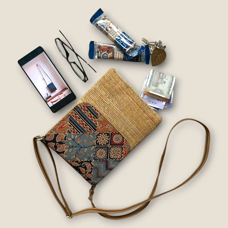 Mobile Sling Bag - Black and maroon Ikkat