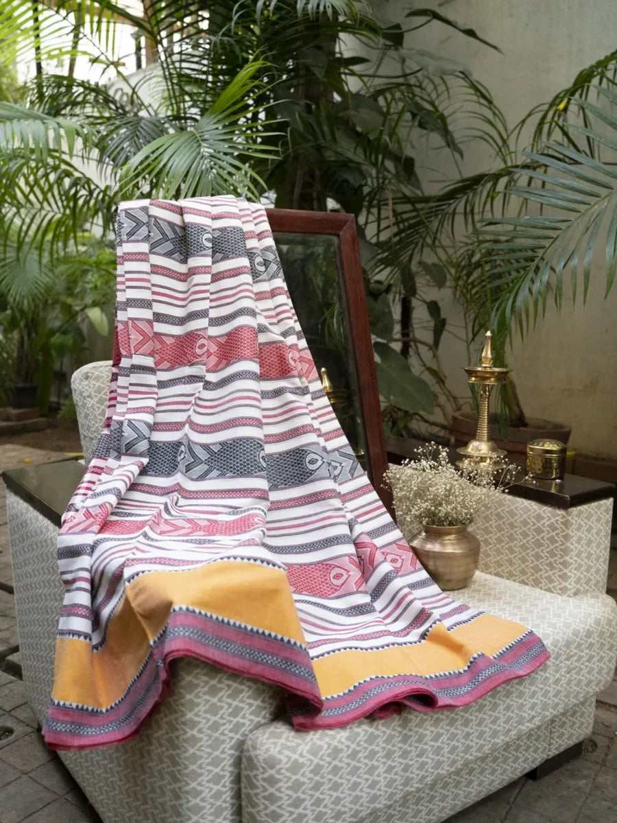 Dhaniakhali Handloom Saree - Red, White & Yellow - Lal Paar