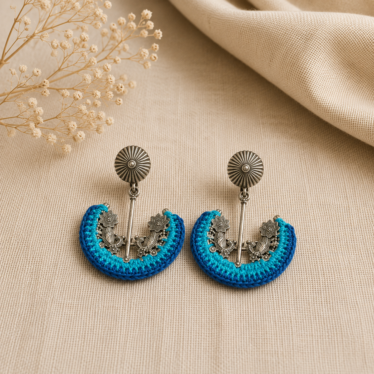 Crochet Midnight Blue Silver Dangler Earrings