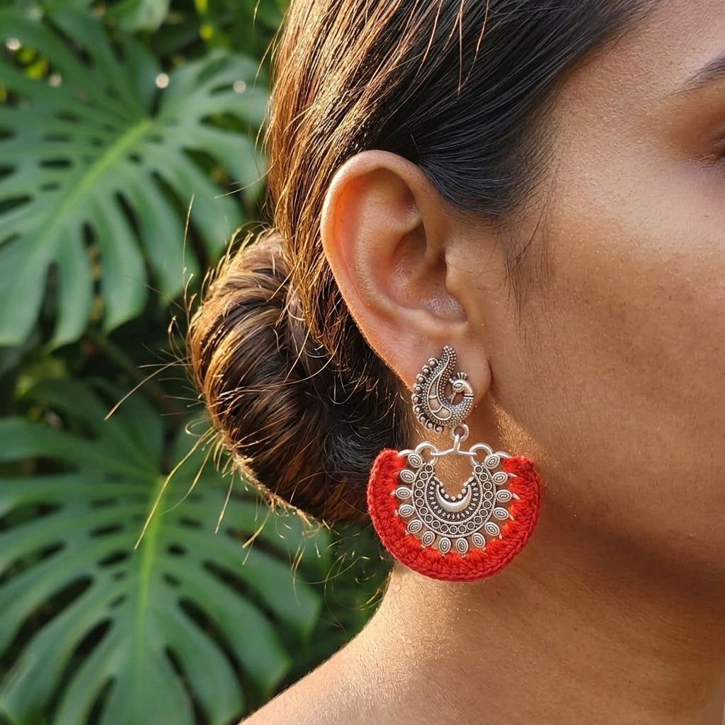Earrings - Crochet on Metal - Red Silver Cr/E3