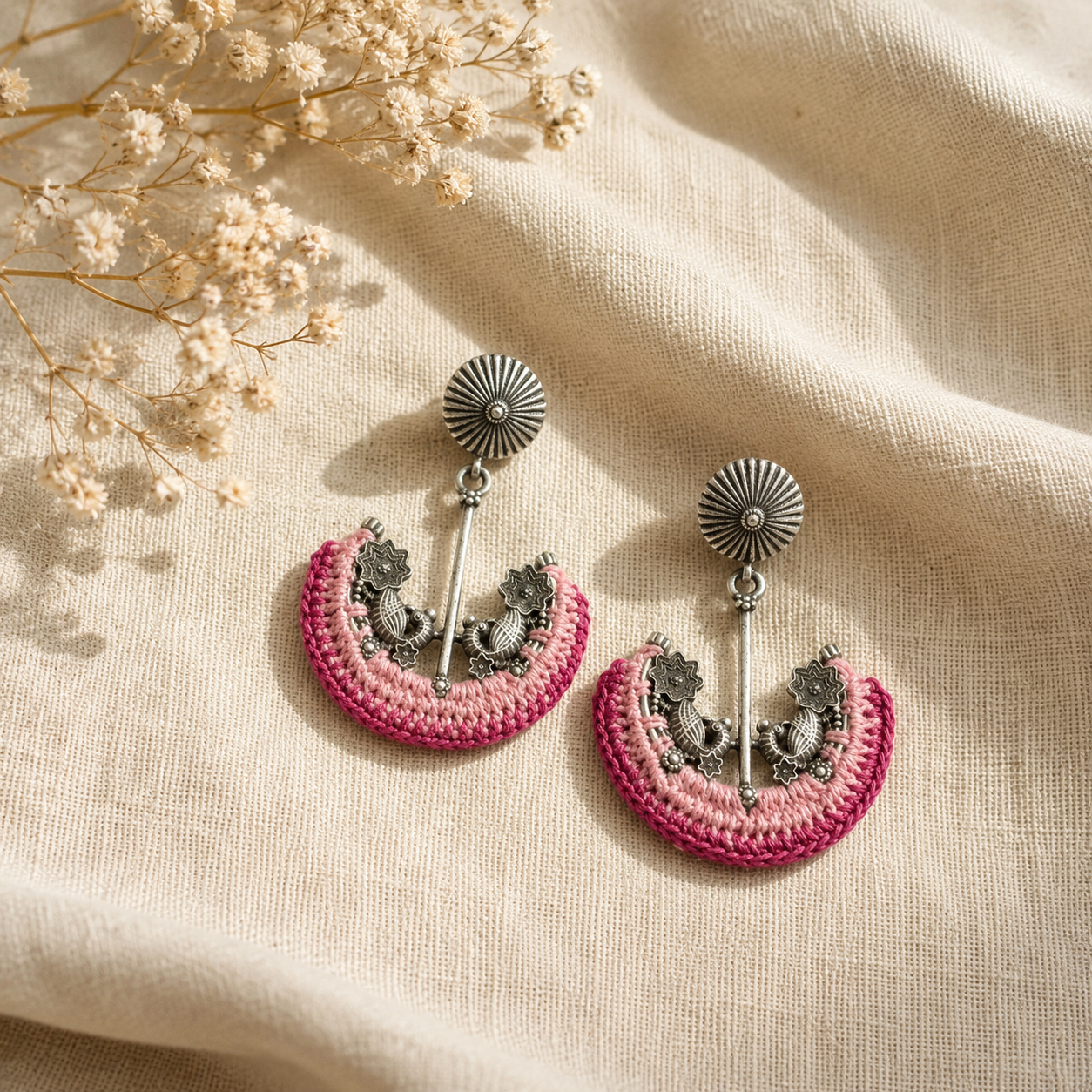 Crochet Rose Pink Silver Dangler Earrings