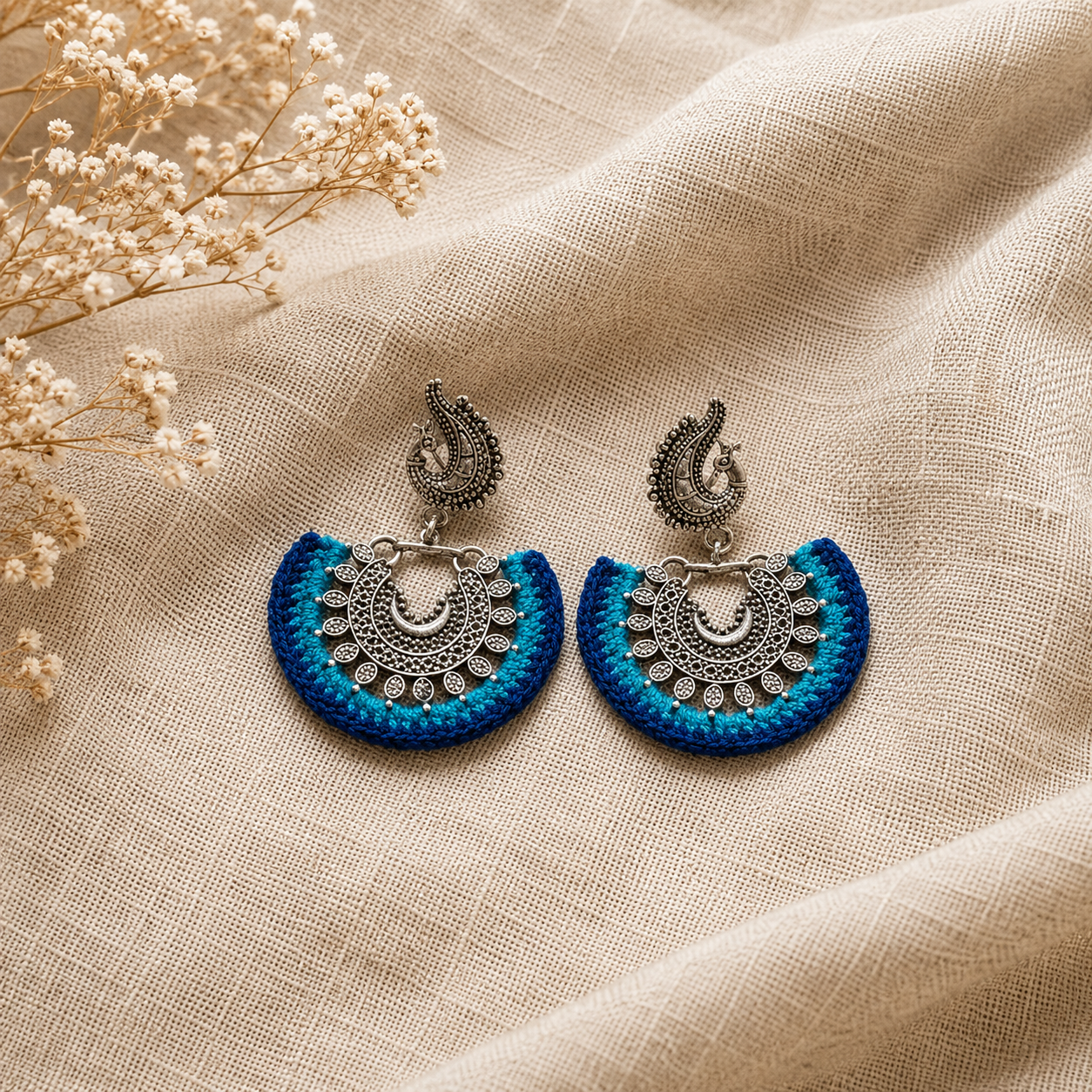 Crochet Midnight Blue Silver Dancing peacock Earrings