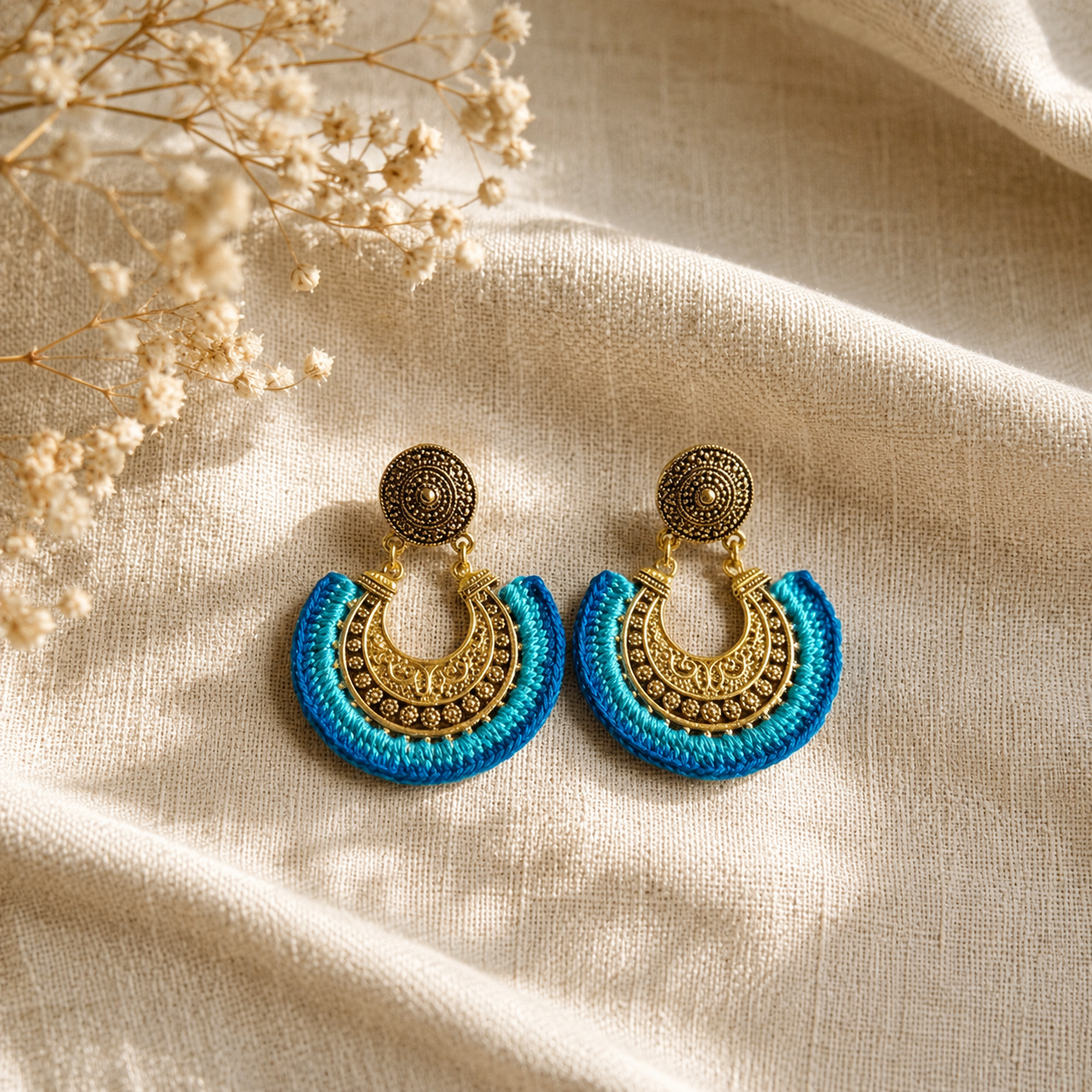 Crochet Midnight Blue Gold crescent Earrings