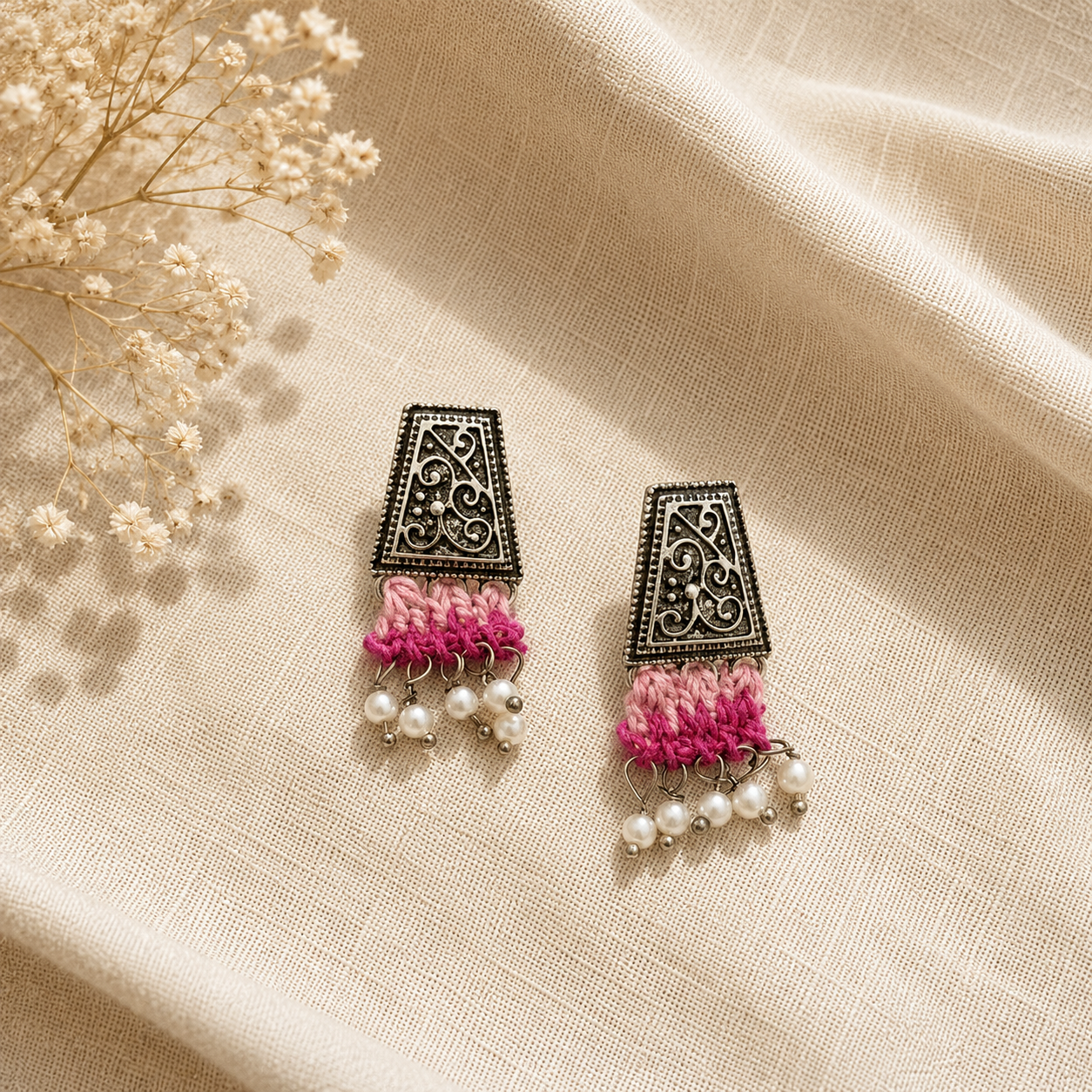 Crochet Rose Pink Silver Pearl Tassel Earrings