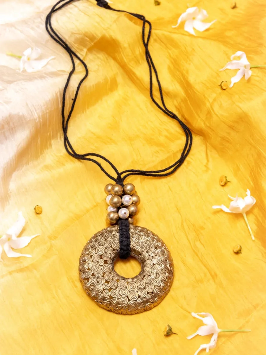 Black Gold Tone Big Pendant Necklace With Beads