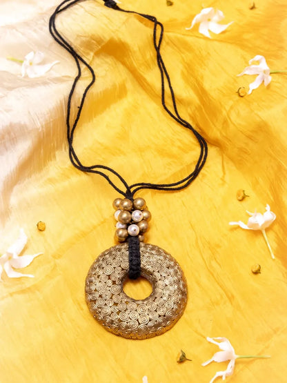 Black Gold Tone Big Pendant Necklace With Beads