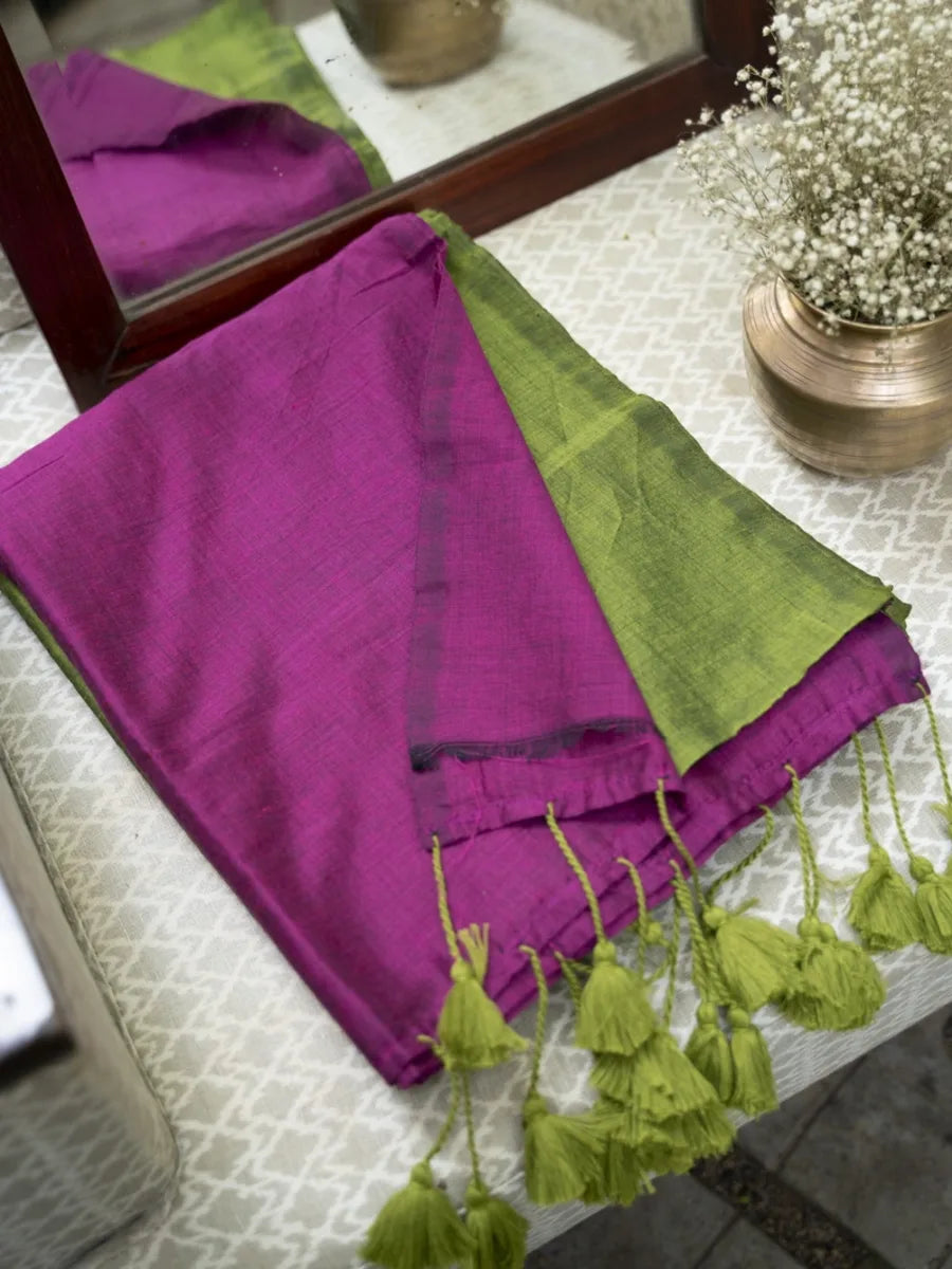 West Bengal Colour Block Saree - Magenta & Parrot Green