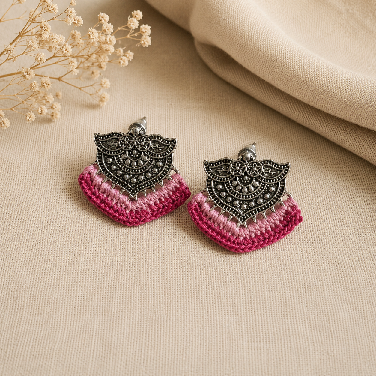 Crochet Rose Pink Silver Stud Earrings