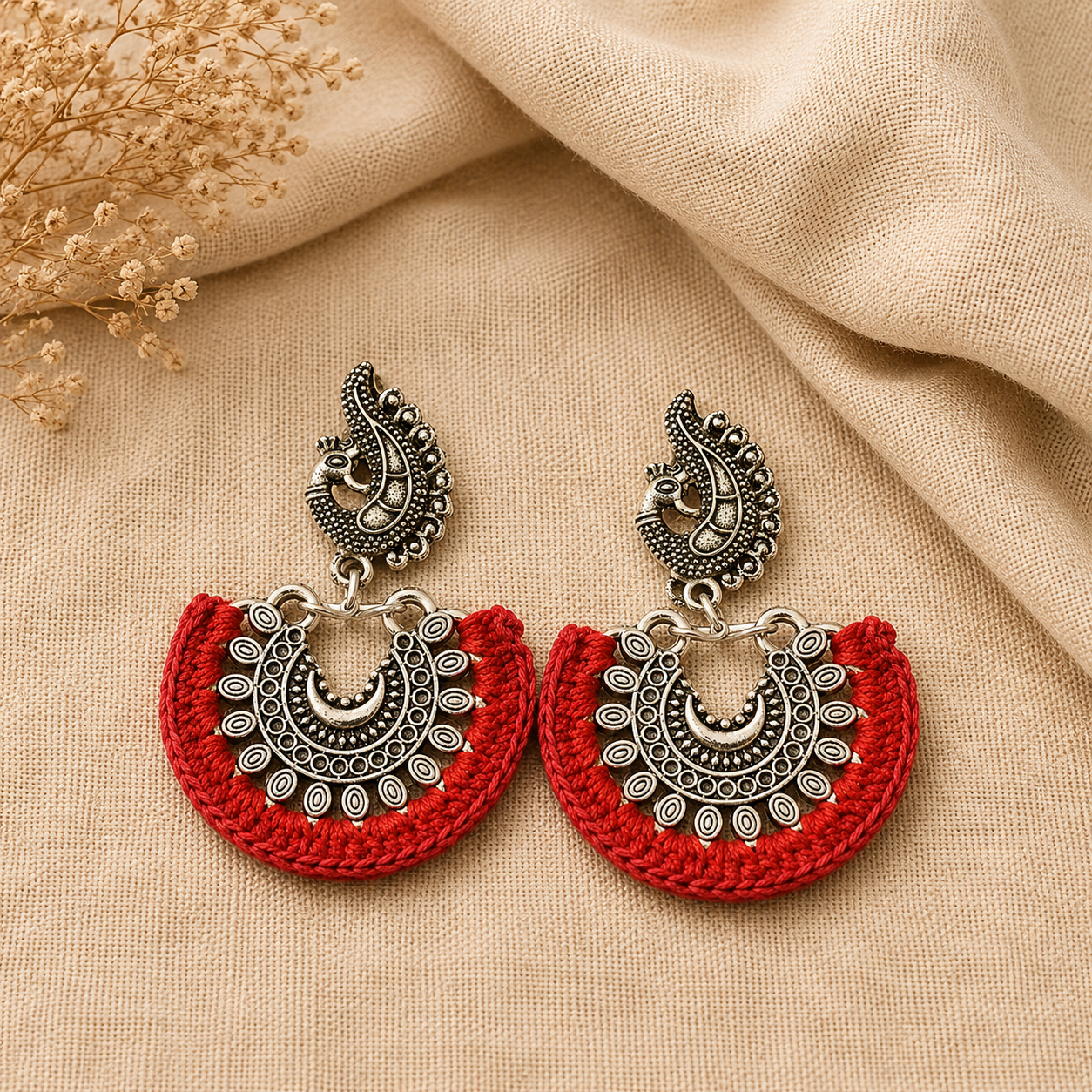 Earrings - Crochet on Metal - Red Silver Cr/E3