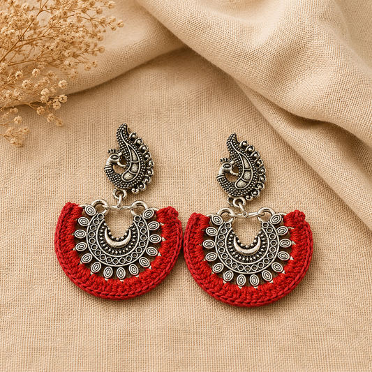 Earrings - Crochet on Metal - Red & Silver