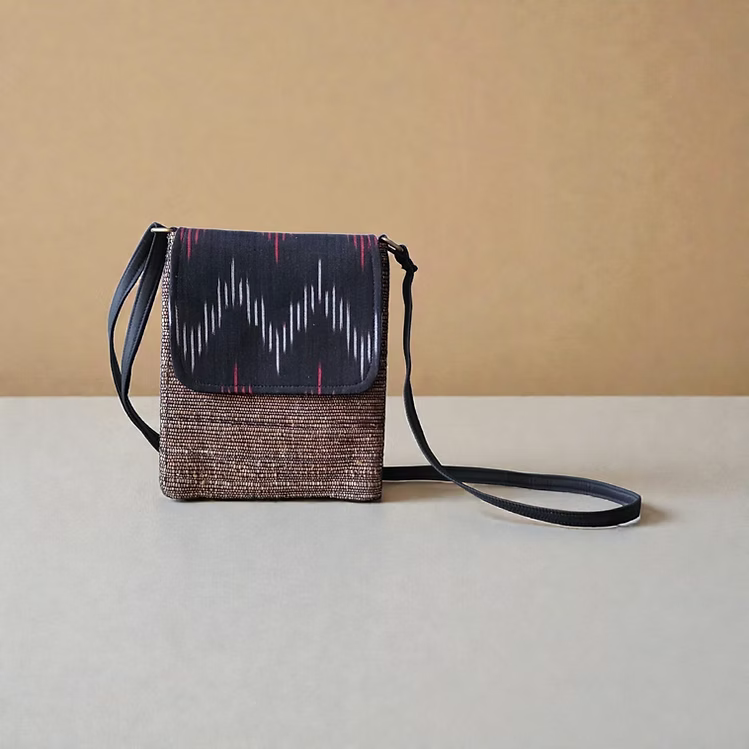 Mobile Sling Bag - Black and maroon Ikkat