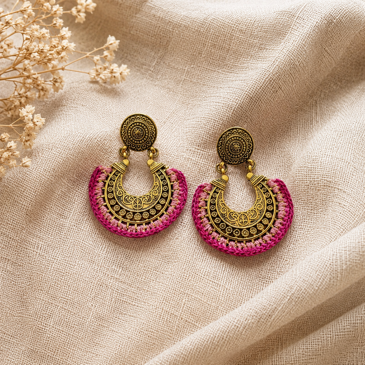 Crochet Rose Pink Gold Crescent Earrings