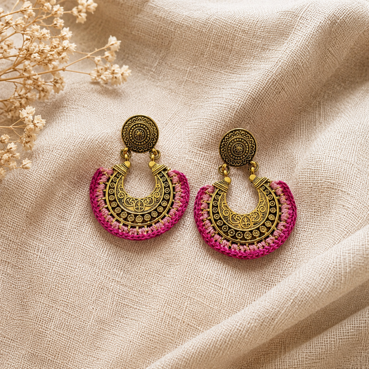 Crochet Rose Pink Gold Crescent Earrings