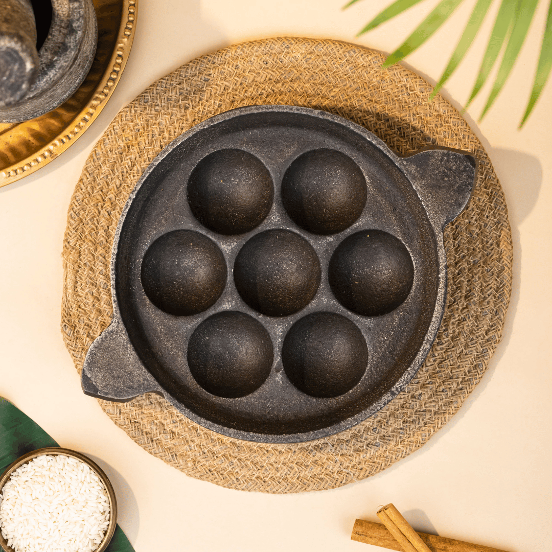 Cast Iron Paniyaram Pan/Unniappam, Flat Bottom, Hand Seasoned