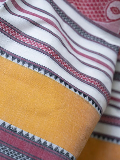 Dhaniakhali Handloom Saree - Red, White & Yellow - Lal Paar