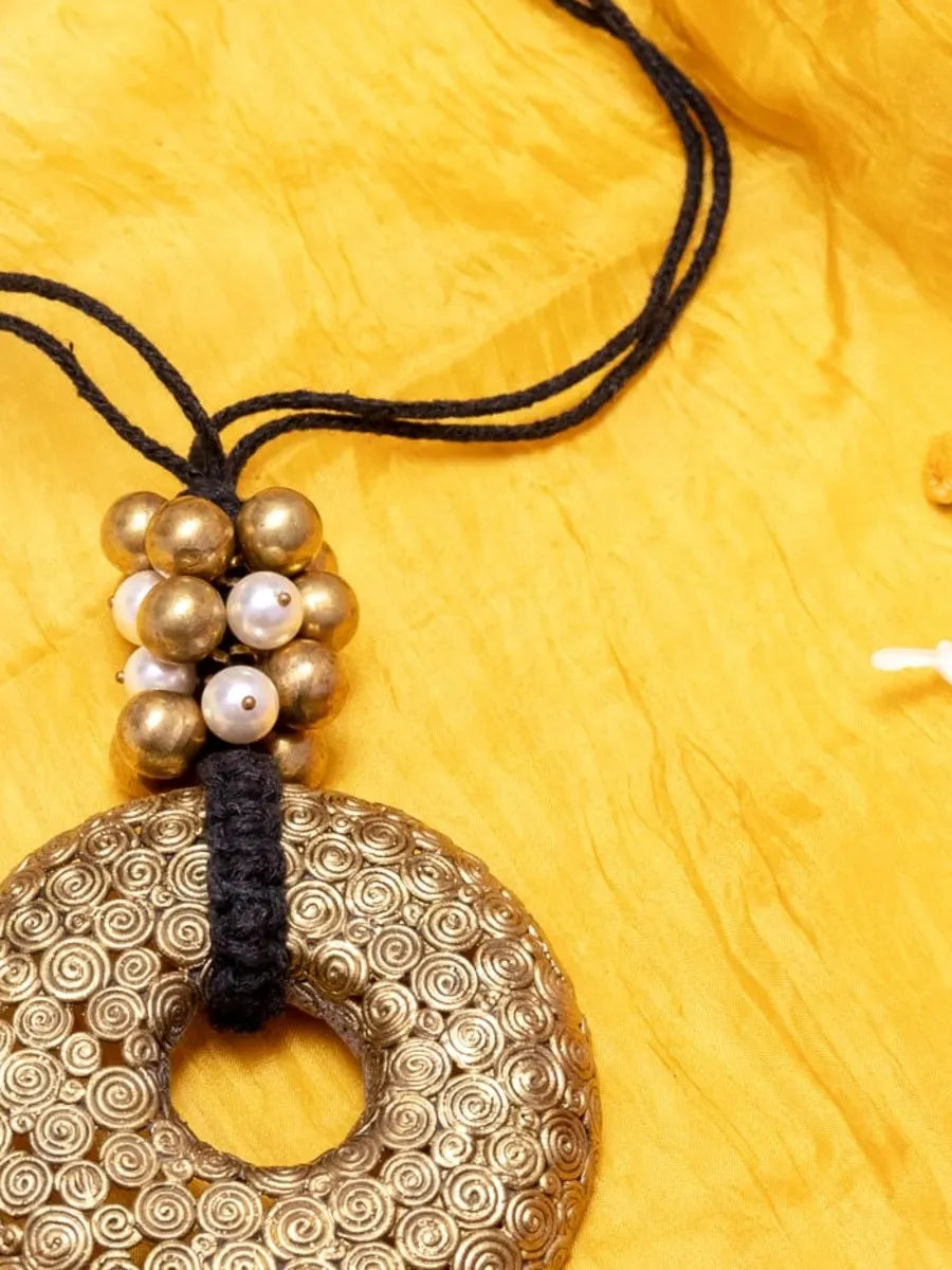 Black Gold Tone Big Pendant Necklace With Beads