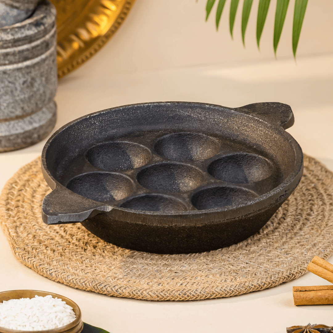 Cast Iron Paniyaram Pan/Unniappam, Flat Bottom, Hand Seasoned