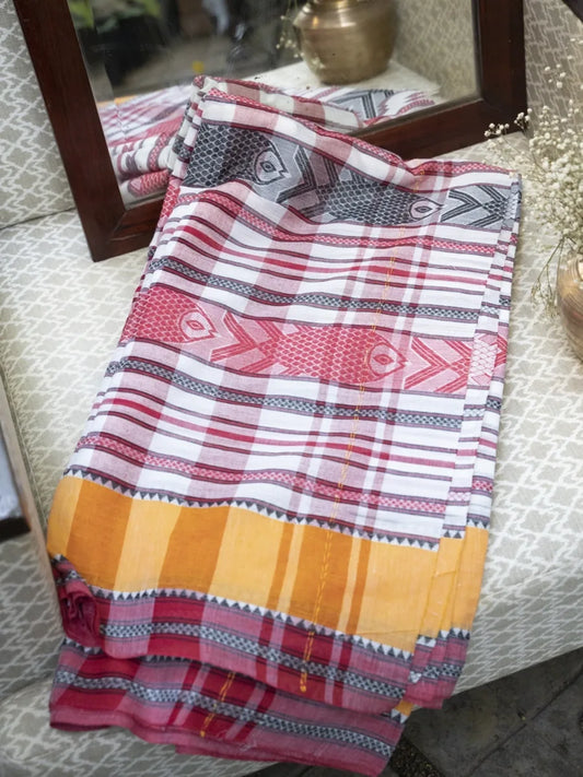 Dhaniakhali Handloom Saree - Red, White & Yellow - Lal Paar