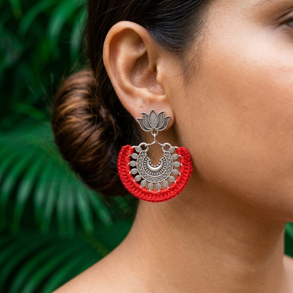 Earrings - Crochet on Metal - Red Silver Lotus Cr/E3