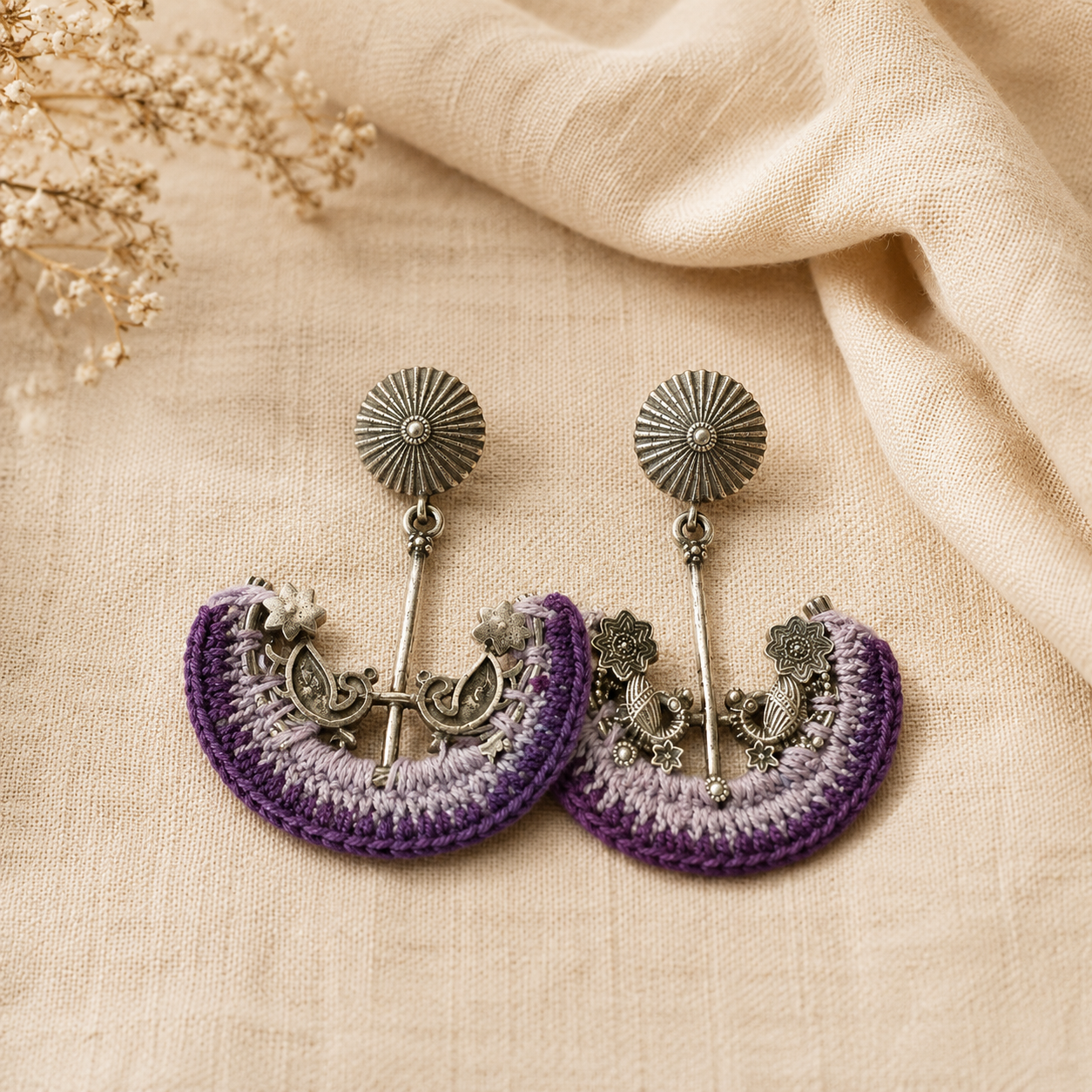 Earrings - Crochet on Metal - Purple Silver Cr/E9