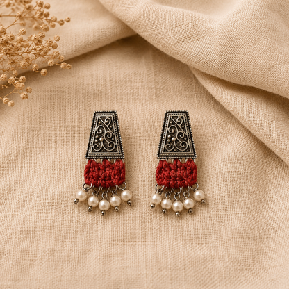 Earrings - Crochet on Metal - Red Silver Cr/E8