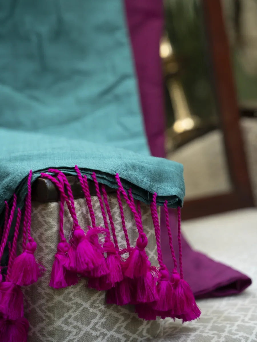 West Bengal Colour Block Saree - Magenta & Teal Blue