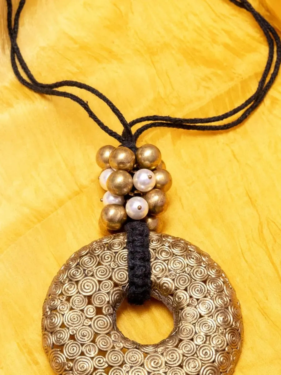 Black Gold Tone Big Pendant Necklace With Beads