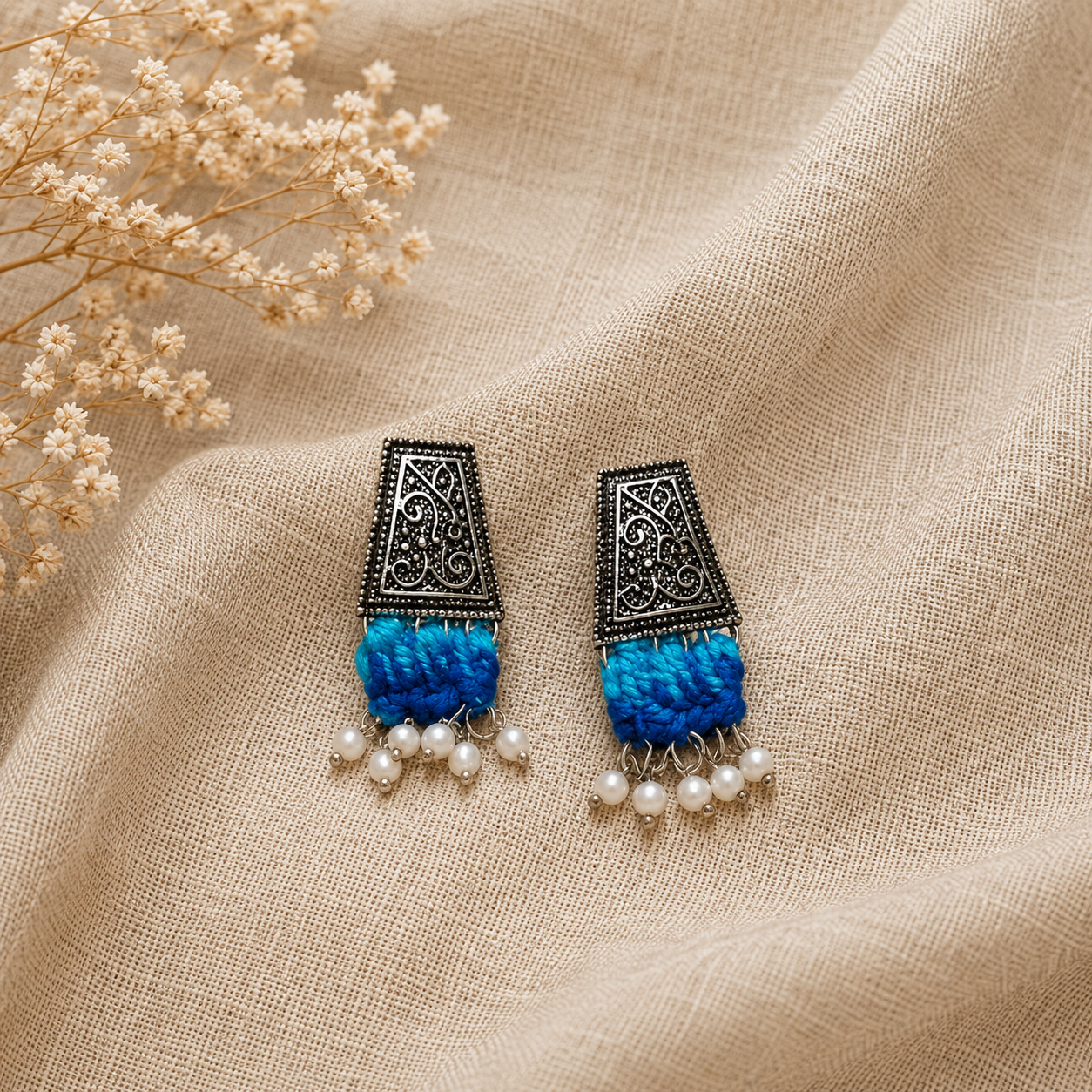 Crochet Midnight Blue Silver Pearl Tassel Earrings
