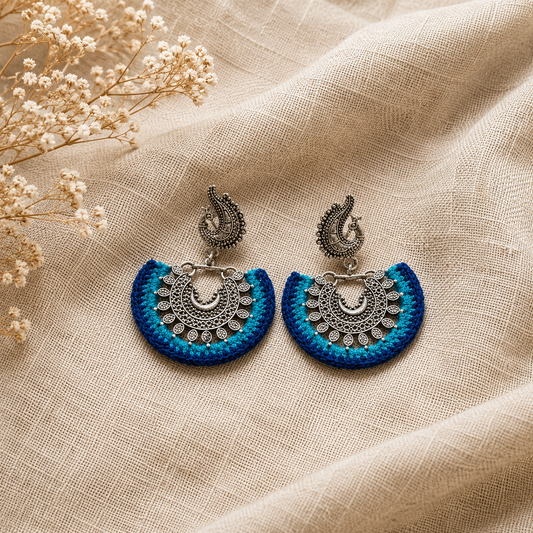 Crochet Midnight Blue Silver Dancing peacock  Earrings
