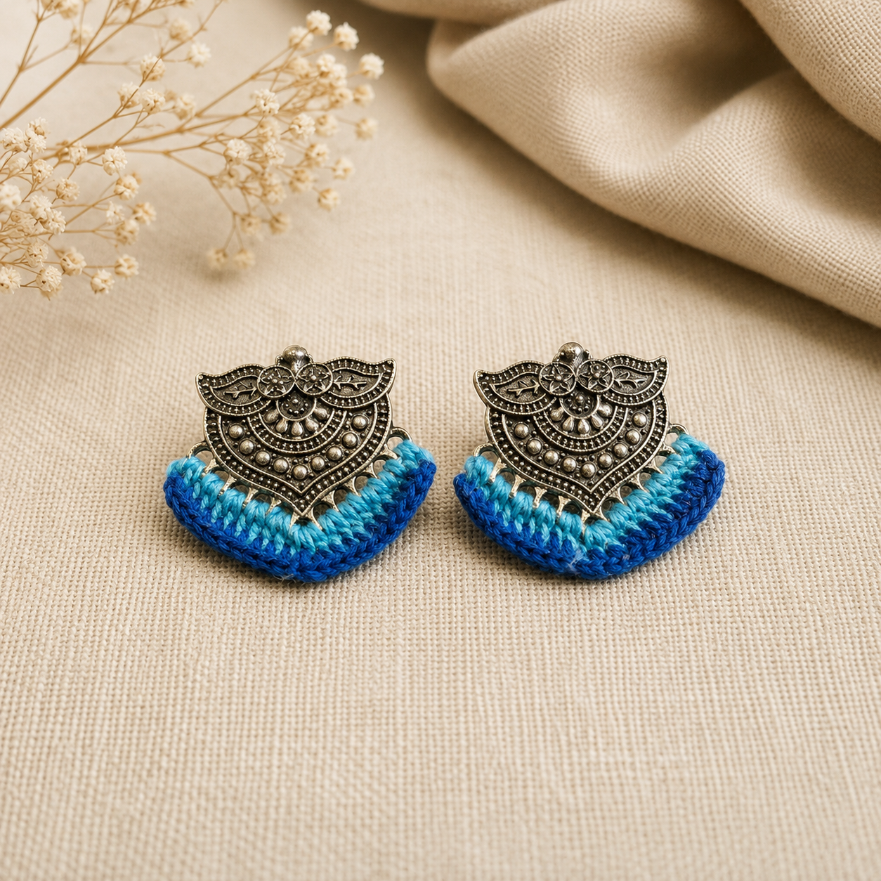 Crochet Midnight Blue Silver Stud Earrings