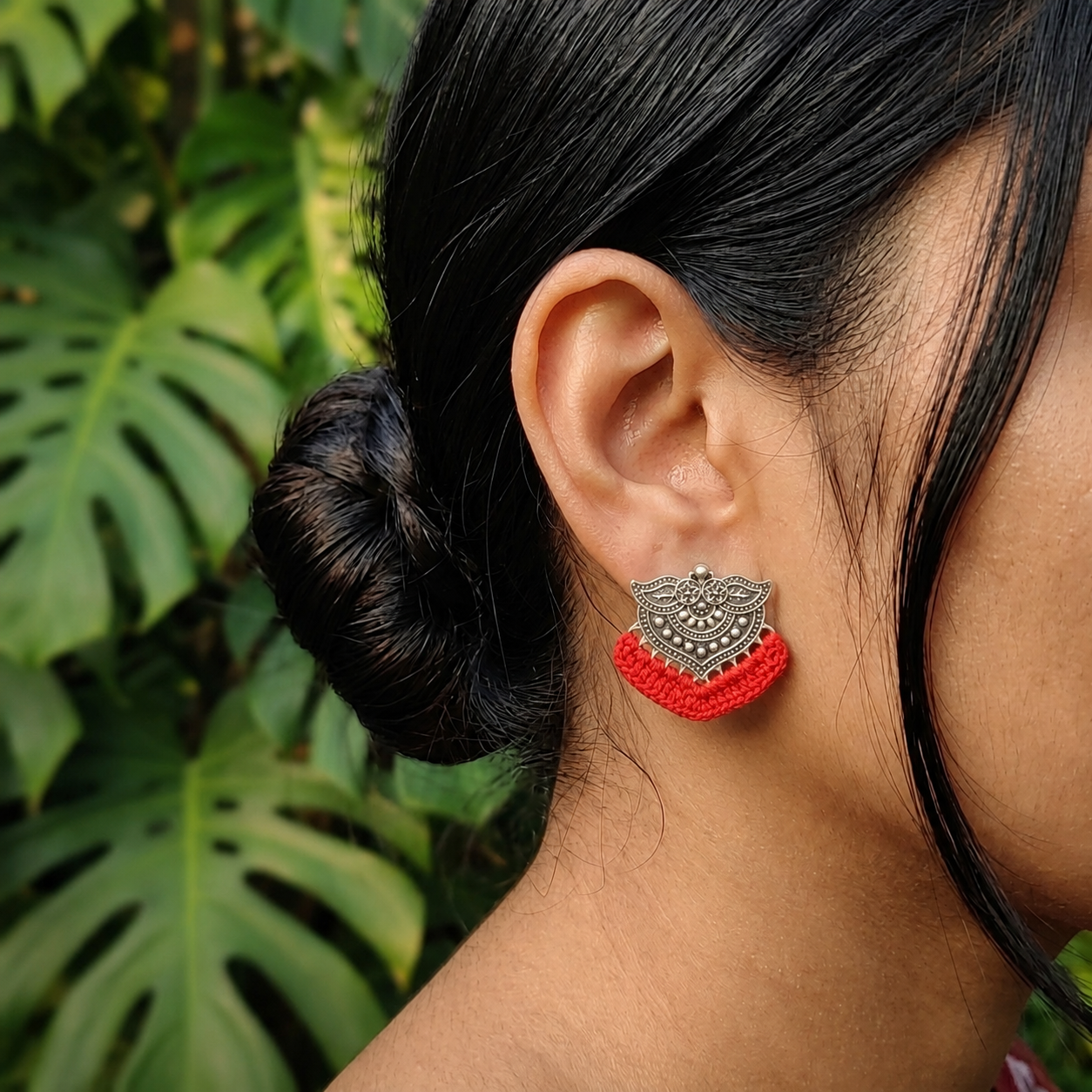 Earrings - Crochet on Metal - Red Silver Cr/E4