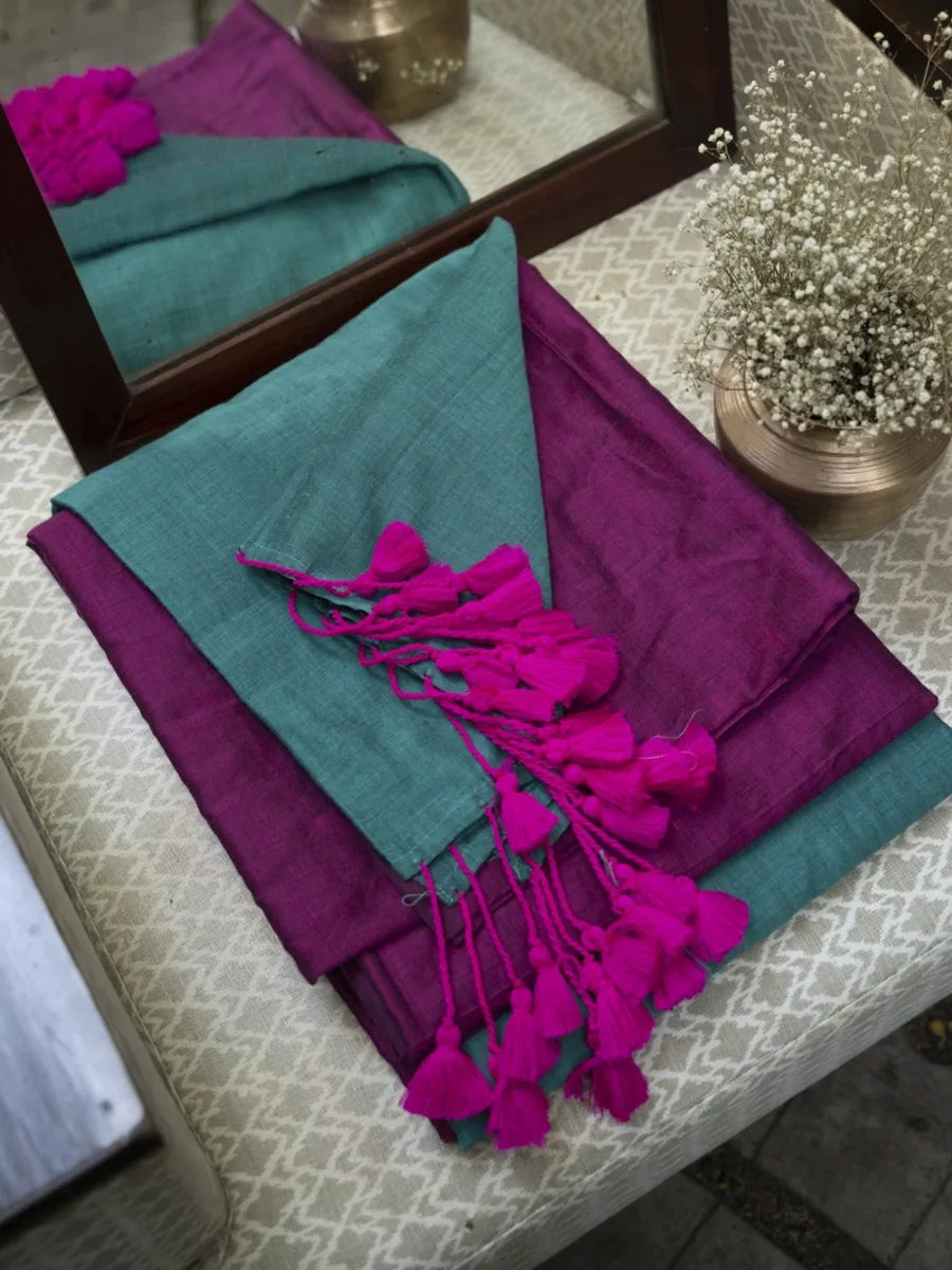 West Bengal Colour Block Saree - Magenta & Teal Blue