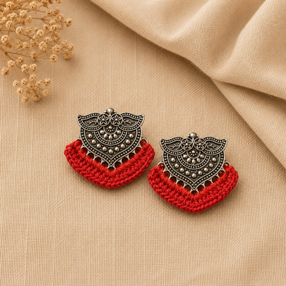 Earrings - Crochet on Metal - Red Silver Cr/E4
