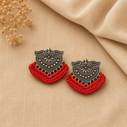 Earrings - Crochet on Metal - Red Silver Cr/E4