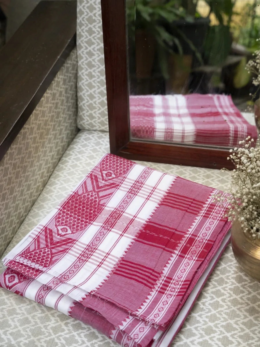 Dhaniakhali Handloom Saree - Red & White Lal Paar