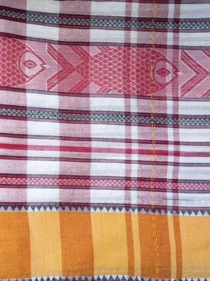 Dhaniakhali Handloom Saree - Red, White & Yellow - Lal Paar