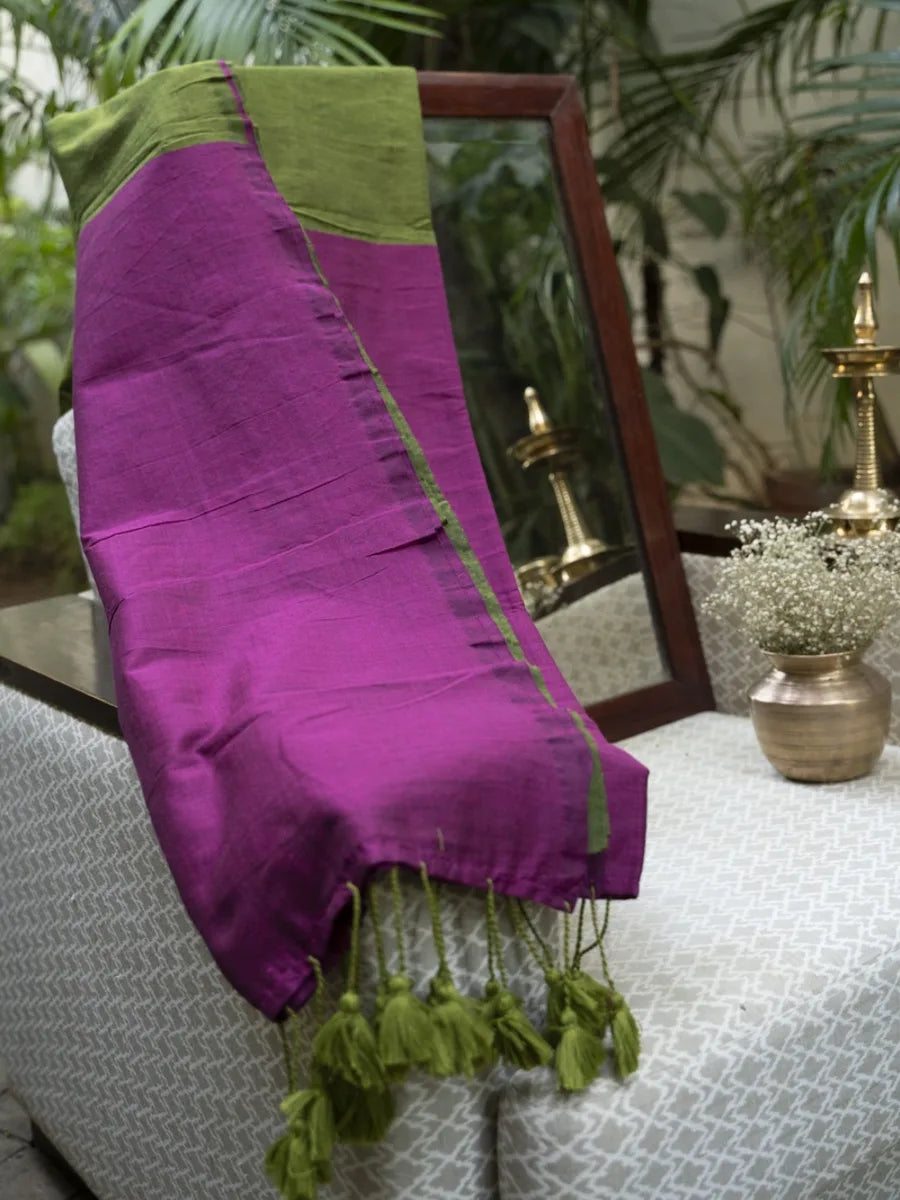 West Bengal Colour Block Saree - Magenta & Parrot Green