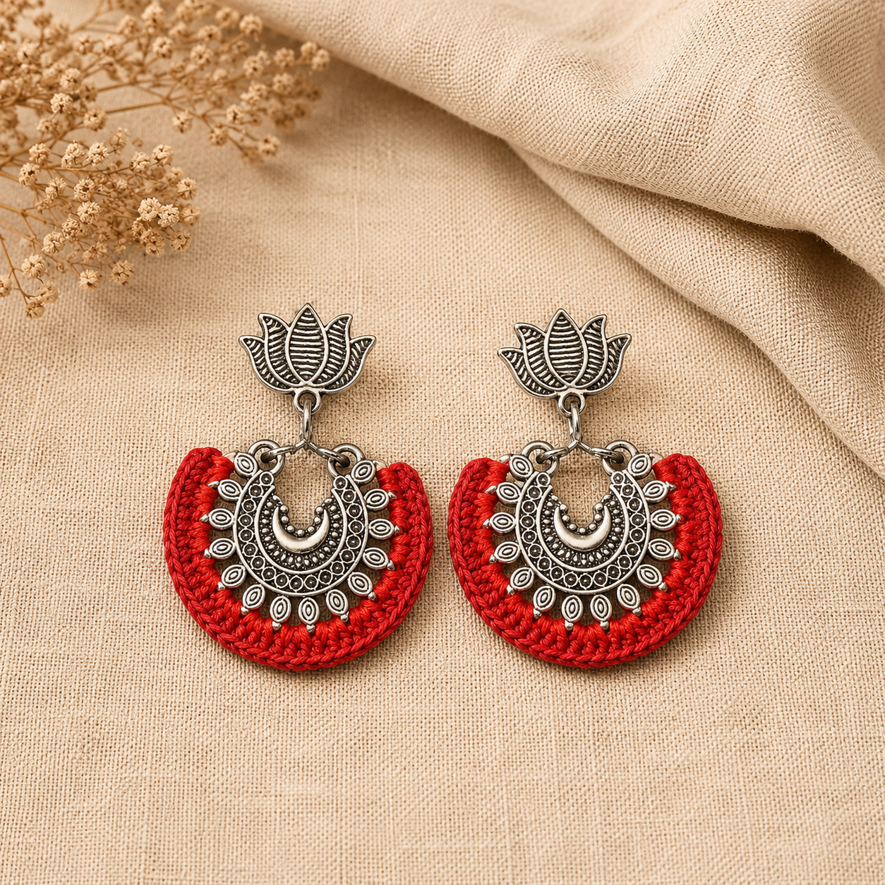 Earrings - Crochet on Metal - Red Silver Lotus Cr/E3